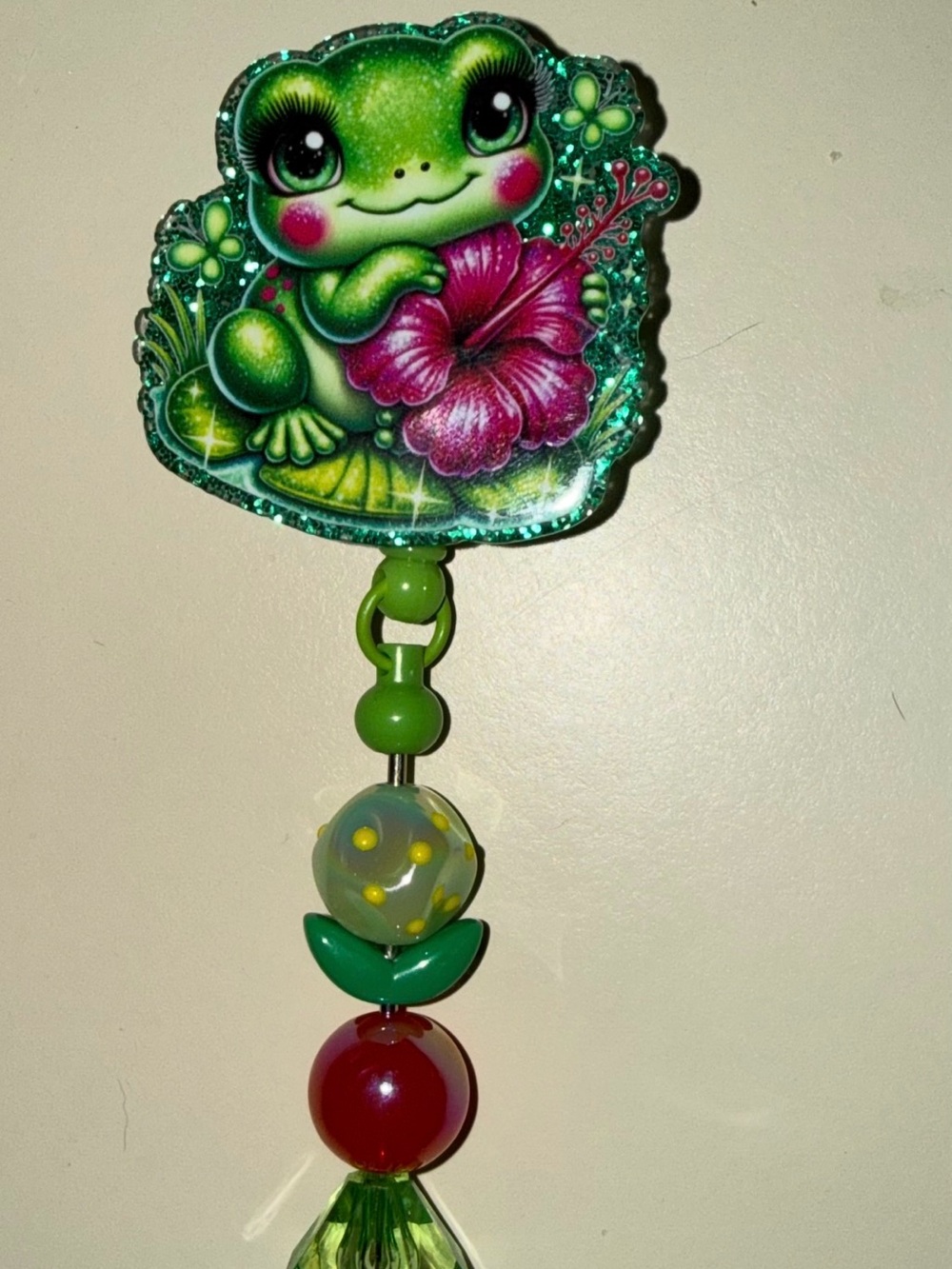Cute Green Frog Beaded Badge Reel